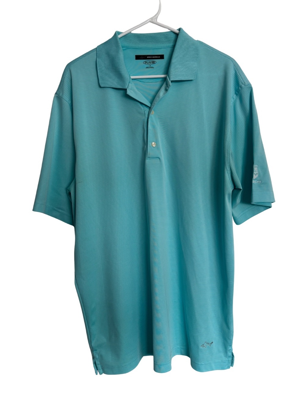 Greg Norman Performance Golf Polo Teal Stripes Large Short Sleeve Active Shirt